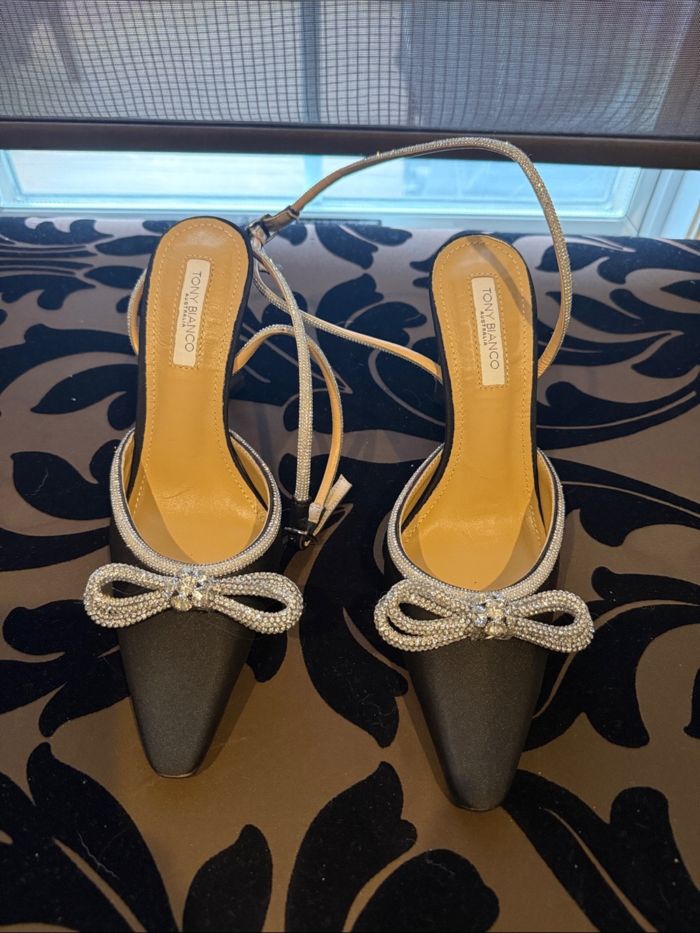 Tony Bianco Black Satin Pointed Slingback Heels with Crystal Bow Accent